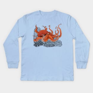 Red Giant Octopus Doodle-teal Kids Long Sleeve T-Shirt